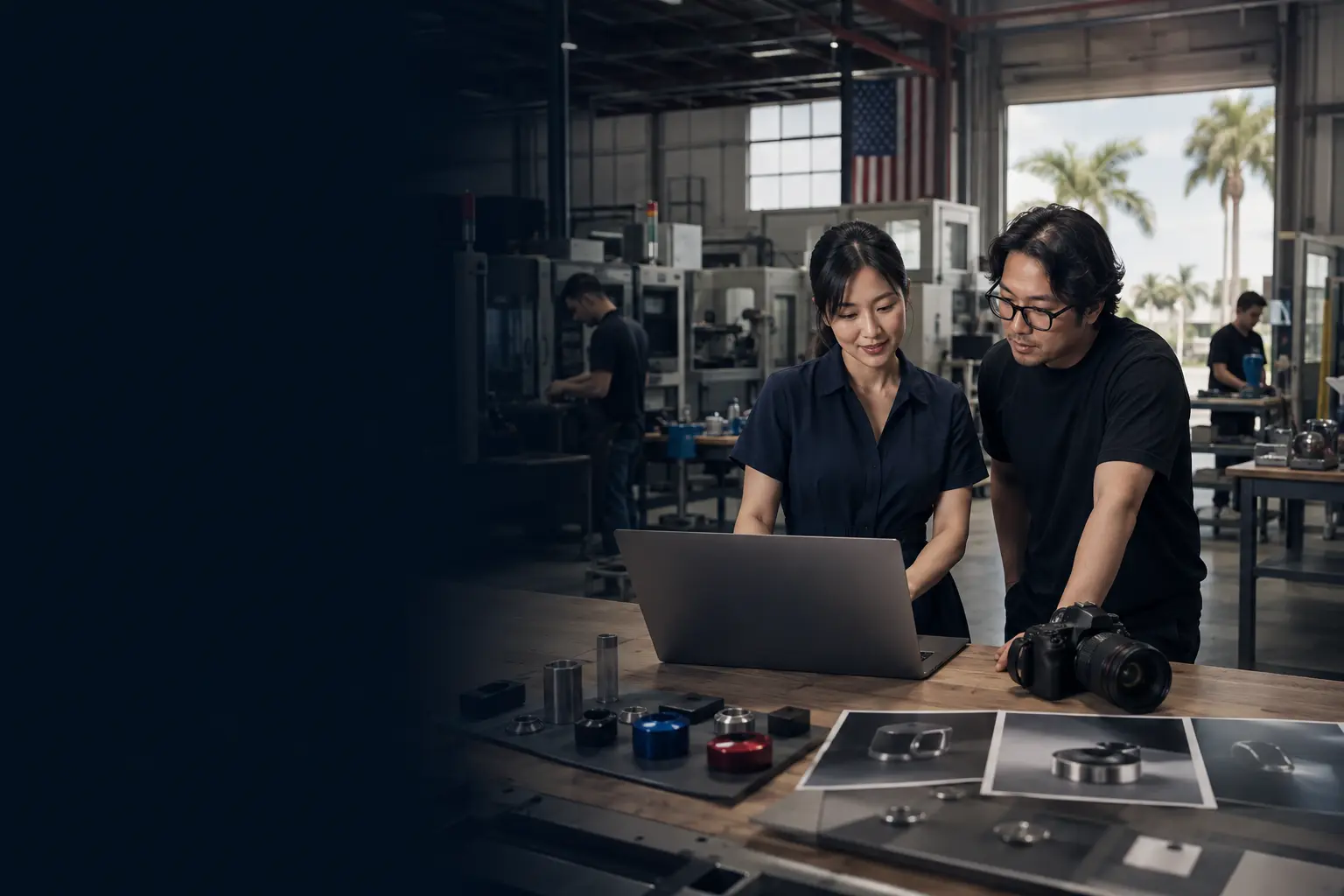 East Asian manufacturing owner reviewing her website and product photography inside the plant