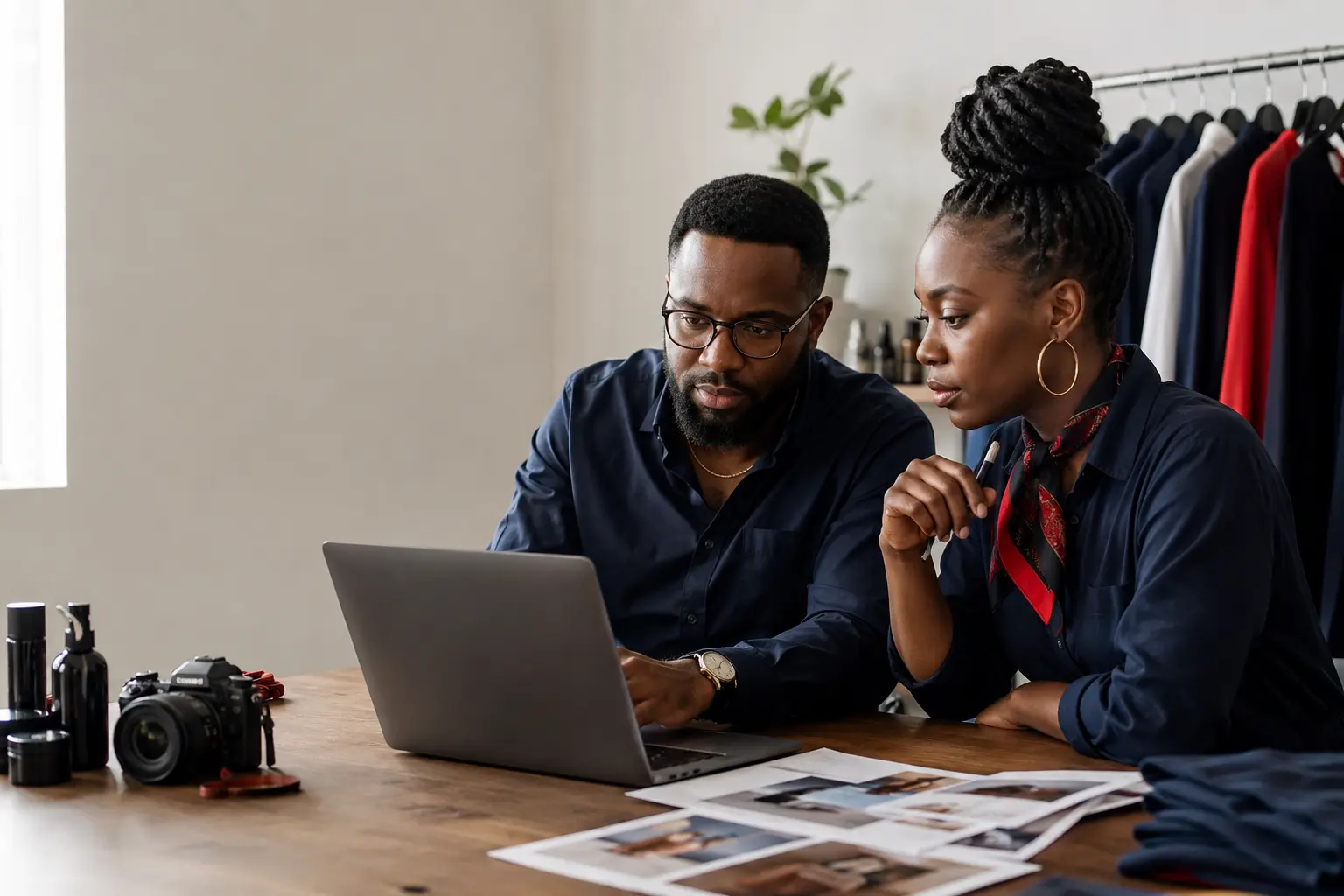 Black business owners reviewing their website and business photography together
