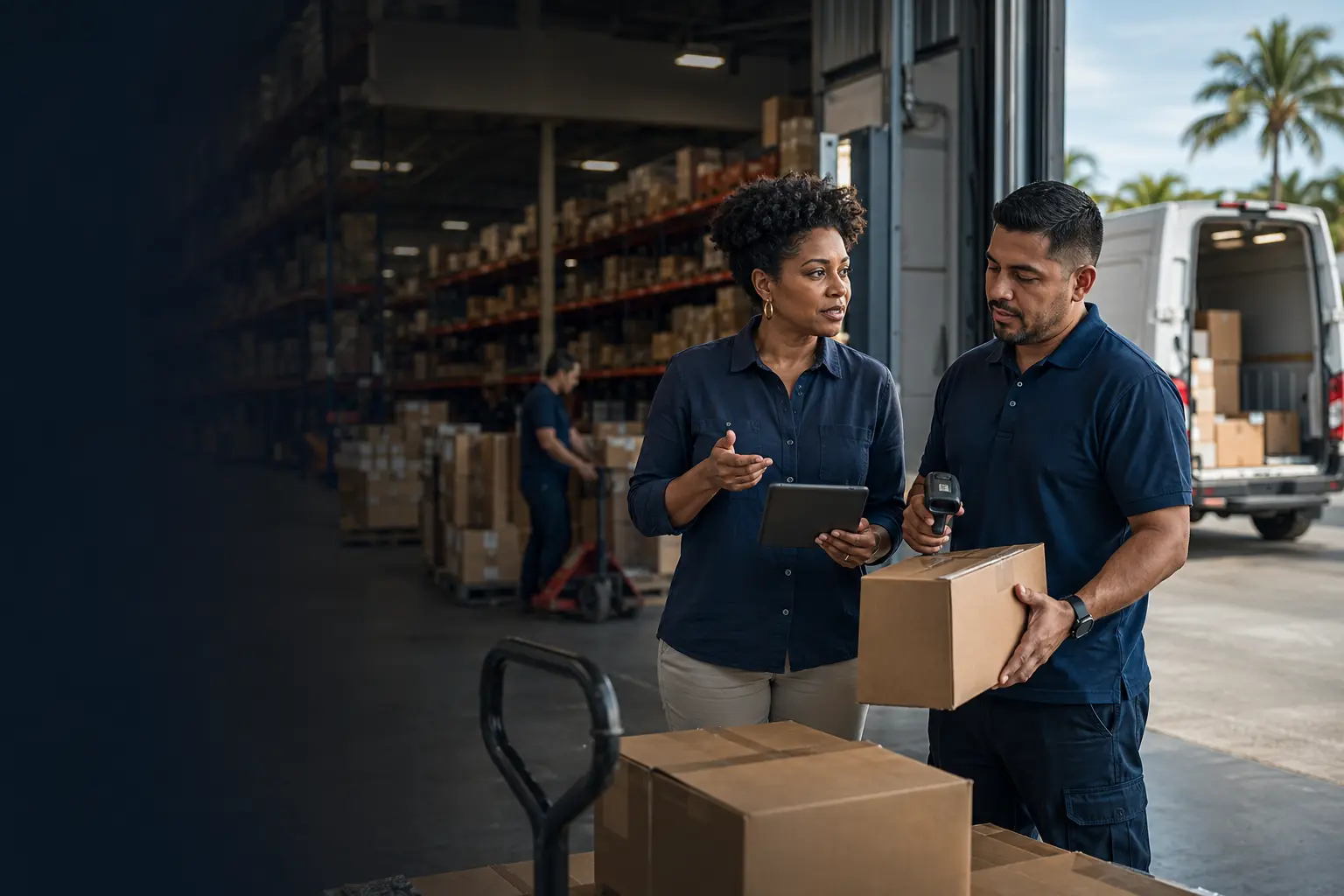 Black warehouse manager and Latino team lead coordinating inventory and shipment workflows