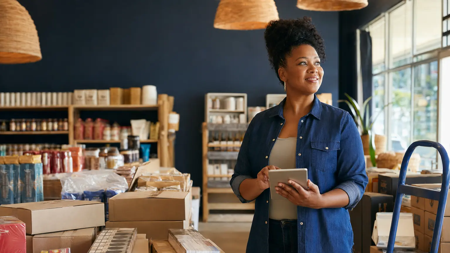 Black retail owner standing proudly among newly stocked inventory