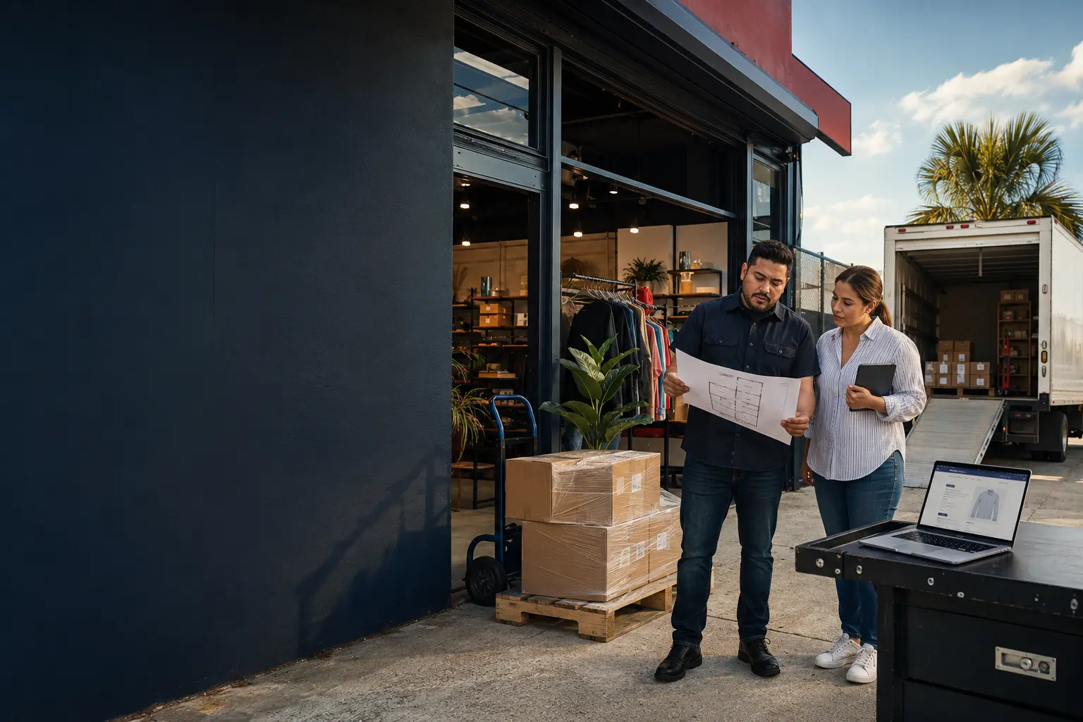 Latino entrepreneur planning growth around inventory, a delivery truck, storefront, and online sales