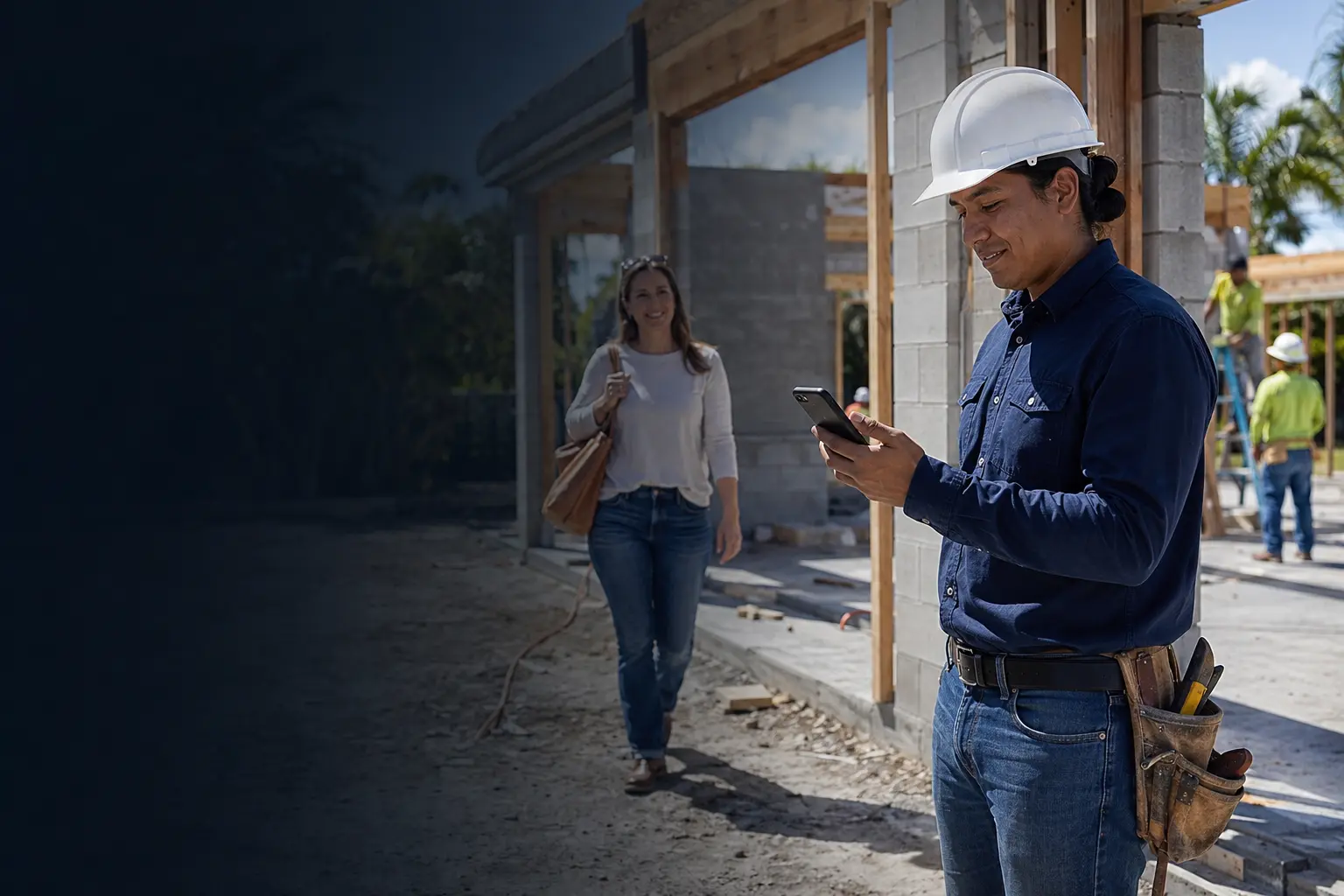 Native American contractor receiving a customer inquiry at an active Florida construction site