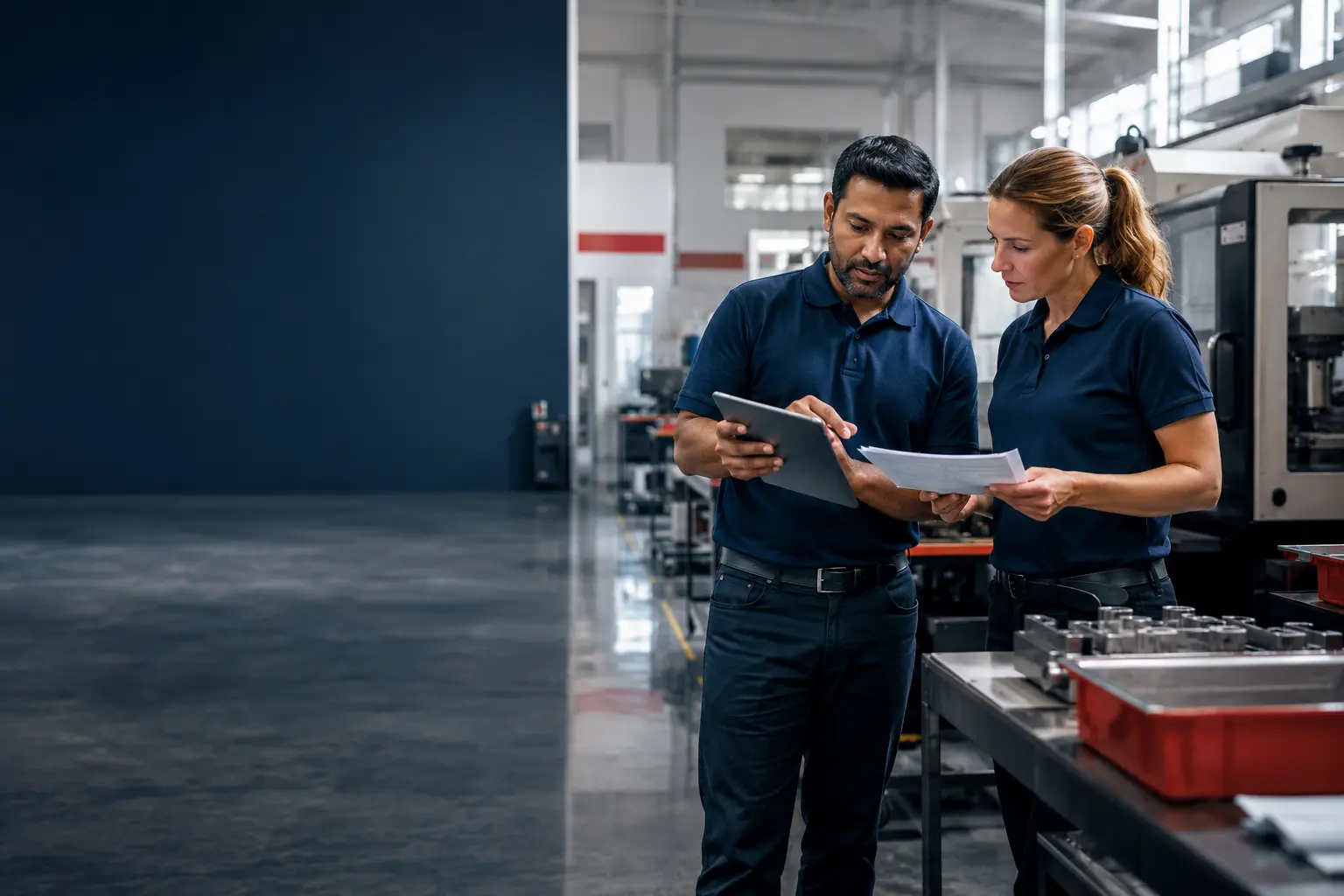 South Asian manufacturing owner and white production supervisor reviewing operational information