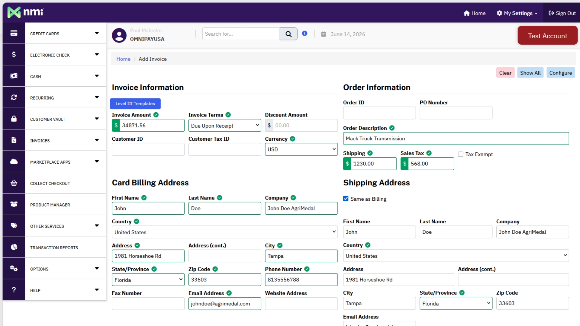 Payment gateway dashboard for logistics accounting