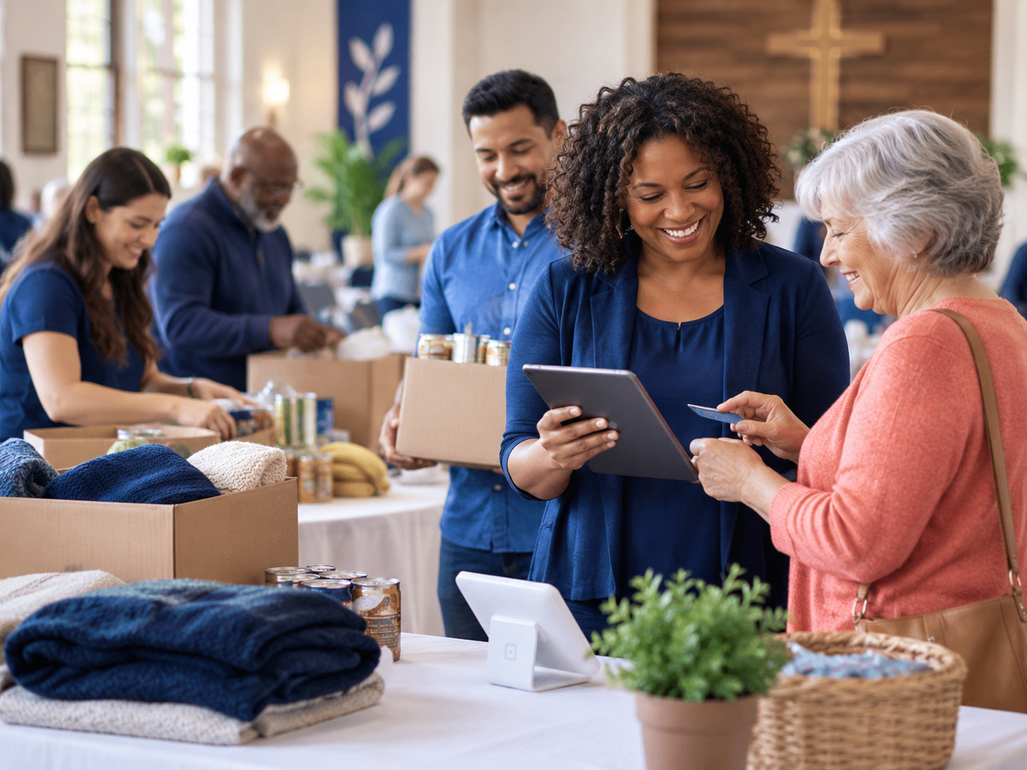 Church and nonprofit team organizing community donations with a tablet