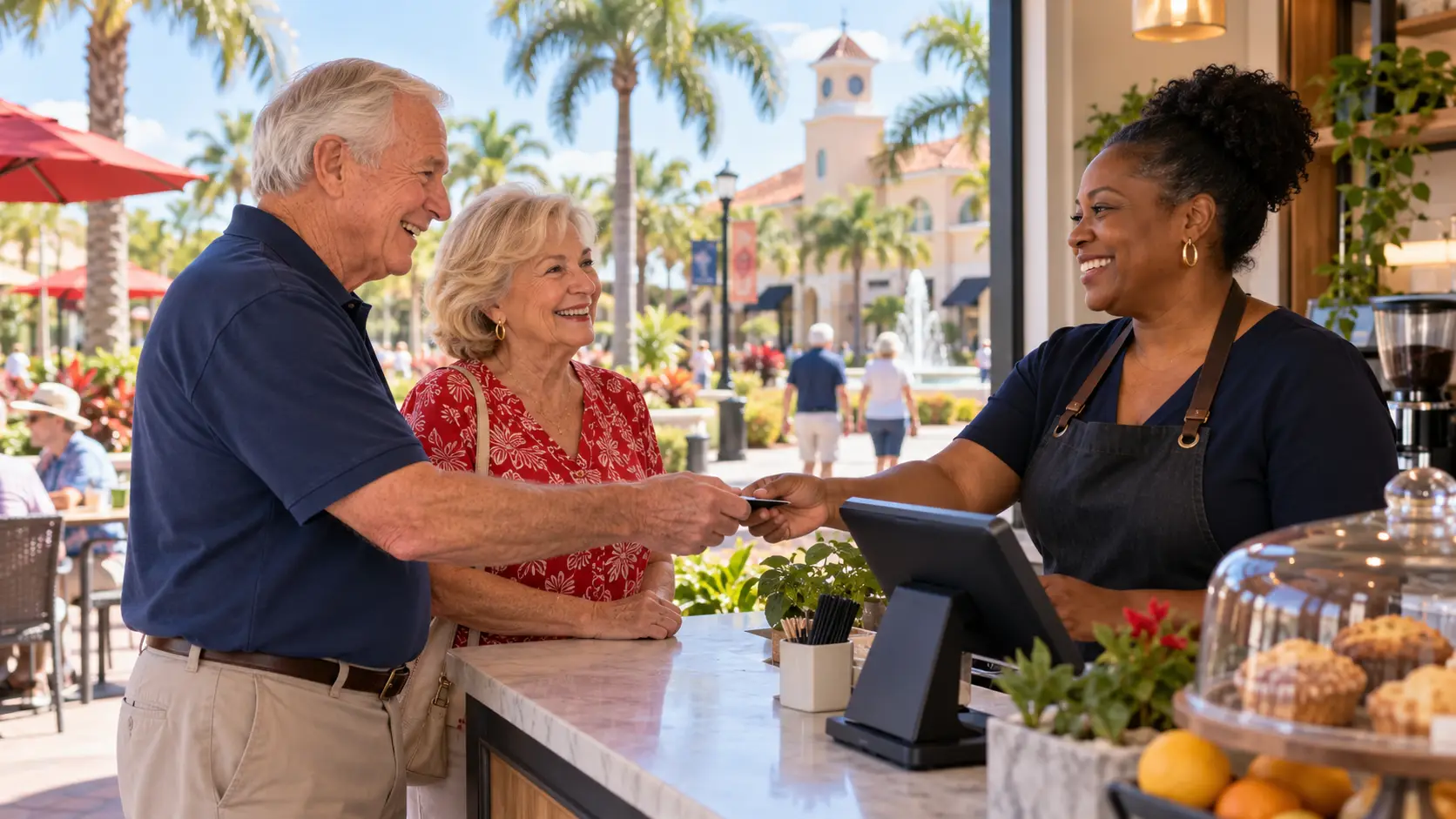Older adult customers sharing a welcoming payment moment with a Black café owner in a bright Florida community setting