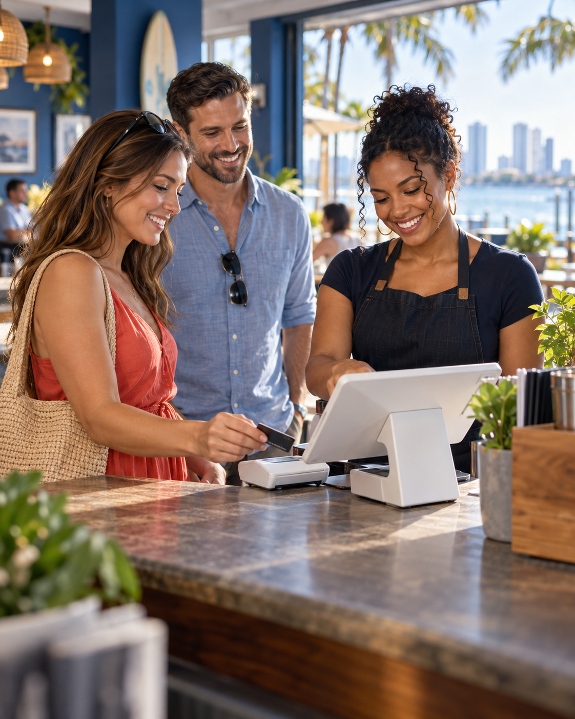Southwest Florida business owner helping a customer with a modern payment system